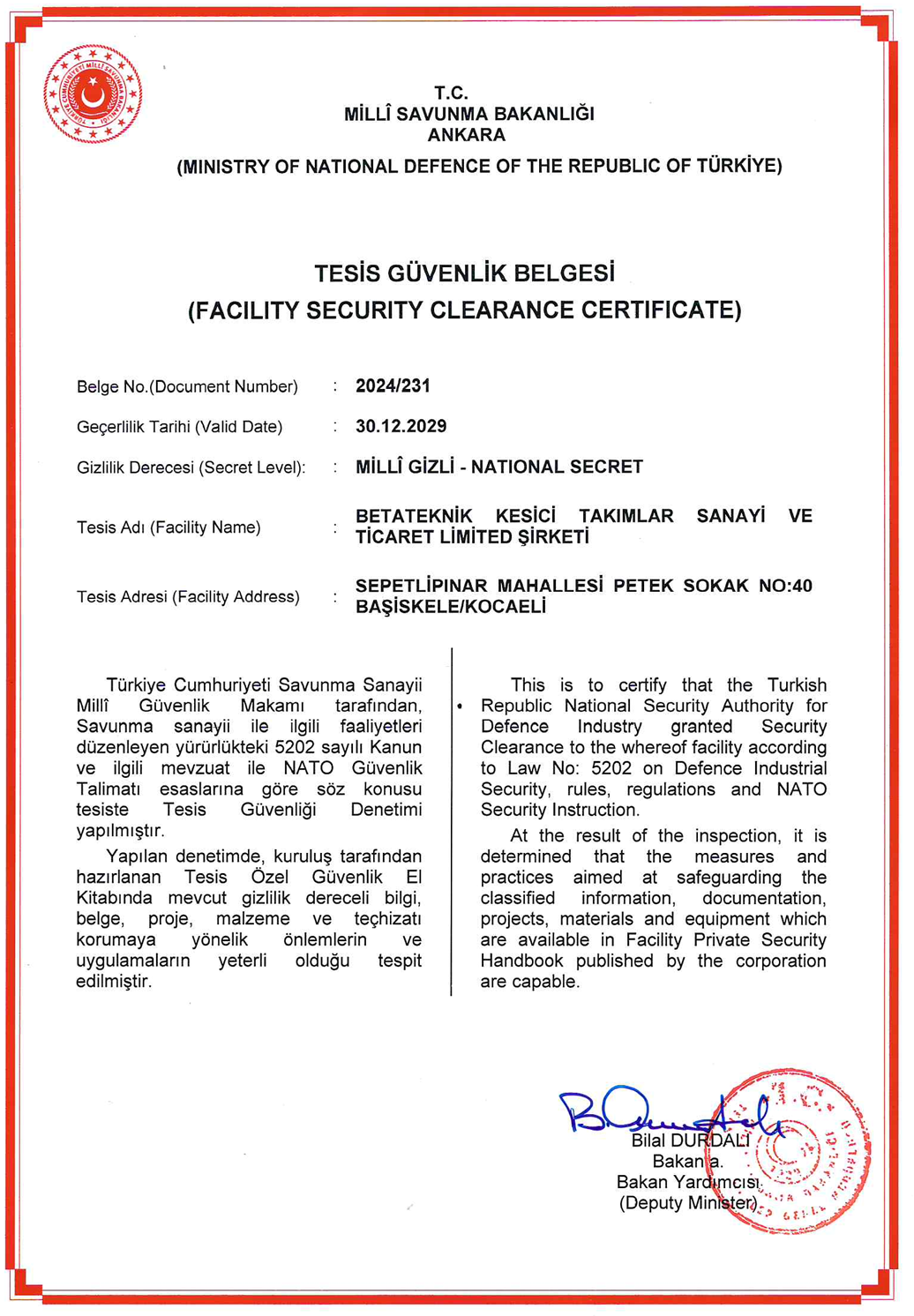 Milli Tesis Güvenlik Belgesi